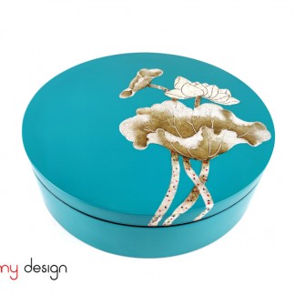 Blue round  lacquer box hand painted with lotus